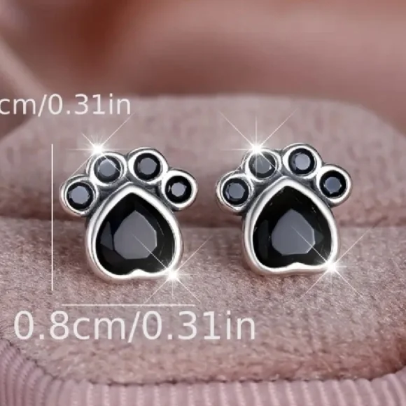 NEW Sterling Silver Paw Print Earrings with Black Accents - Picture 2 of 2